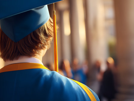Back view of a graduate wearing a blue gown and cap with a yellow tassel and yellow-trimmed collar, standing outdoors among classical columns with a blurred crowd in the background; warm late-afternoon lighting emphasizes ceremony atmosphere, achievement, and transition.の素材