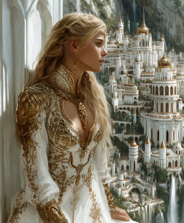 A woman in an ornate white and gold gown stands on a stone balcony overlooking a majestic city of white buildings with golden domes set among cliffs and waterfalls, evoking mythological grandeur.の素材