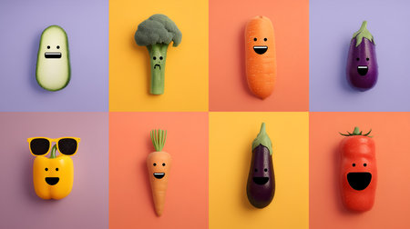 Colorful 8-panel collage of smiling and expressive fruit and vegetable characters in vibrant square backgrounds, playful educational art for kids, packaging, and healthy-eating campaigns.の素材