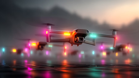 Drones with red, blue, green, and pink lights hover above a reflective surface in a misty mountain setting. A cinematic dusk scene highlighting coordinated flight and tech design.の素材