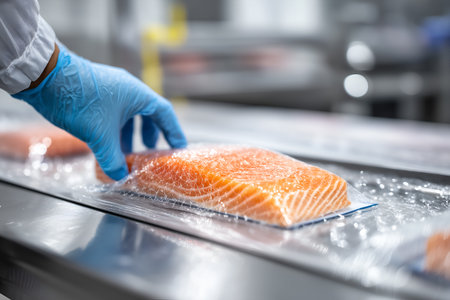 Close-up of a blueâgloved hand handling a vacuumâsealed raw salmon fillet on a stainless steel surface in a clean foodâprocessing environment; vibrant orange-pink flesh and tight packaging emphasize freshness and marbling while the protective glove and blurred background convey hygiene, food-safety protocols, and industrial packaging for distribution.の素材