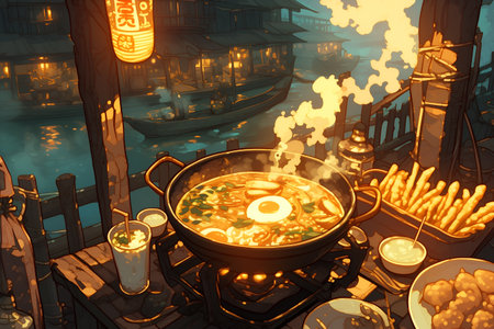 Digital fantasyâstyle illustration of Thai breakfast with jok rice porridge, fried dough sticks, and soy milk, glowing colors and surreal floating market setting.の素材