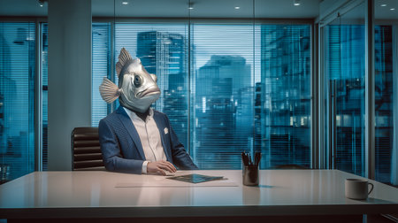 Person in a formal blue suit and white shirt with a fish head sits at a modern high-rise office desk by large windows overlooking a cityscape, blending absurdity whimsy with a corporate setting.の素材