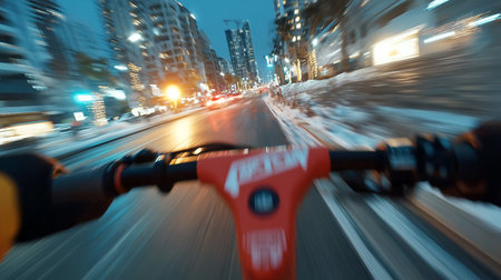 A first-person view of riding a red electric scooter through a snow-lined city street at dusk. The handlebars and brand name âBIRDâ are visible in the foreground, while motion blur and wet pavement emphasize speed and movement. Illuminated buildings and festive lights create a vibrant urban winter atmosphere.の素材