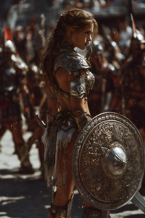 Heroic woman in ornate fantasy armor holding engraved shield, standing among armored warriors in cinematic, battle-like atmosphere with sparks.の素材