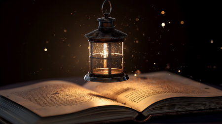 Warm glowing lantern floats above an open book, casting golden light on the pages while suspended sparks and particles create a mystical, enchanting atmosphere against a dark background; composition evokes discovery, imagination, and literary magic.の素材