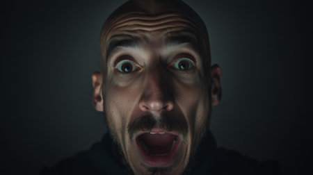 Close-up portrait of a bald man with wide eyes and open mouth; dramatic lighting and dark background emphasize shock, surprise, and intense emotional reaction.の素材