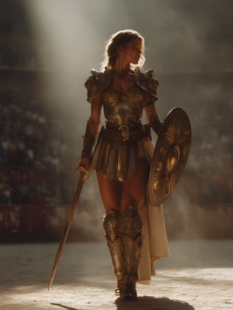 Heroic gladiator in golden armor with sword and shield, standing in dramatic spotlight inside ancient coliseum. Cinematic, powerful, and historical fantasy scene.の素材
