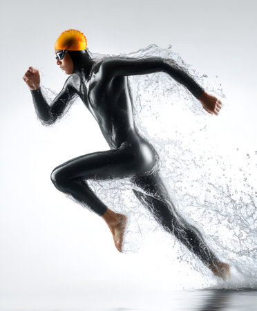 An athlete wearing a black wetsuit, orange swim cap, and goggles strikes a running pose as water splashes trail behind, blending swimming and running dynamics in motion.の素材