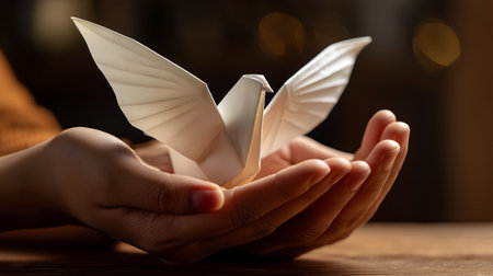 Folded wings and gentle hands evoke clarity, ritual, and editorial depth in symbolic storytelling. Soft light and paper texture highlight peace, care, and crafted intention.の素材