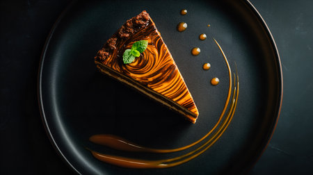Swirled top and golden drizzle evoke clarity, ritual, and editorial depth in dessert storytelling. Mint and matte black contrast highlight richness, elegance, and plated precision.の素材