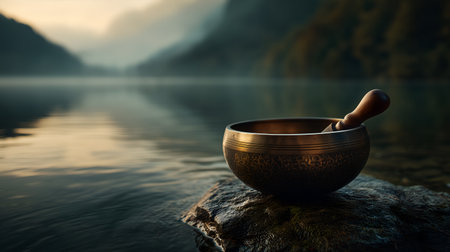 Golden light and still water evoke clarity, ritual, and editorial depth in mindfulness storytelling. Bowl and mallet highlight sound healing, spiritual calm, and natural harmony.の素材