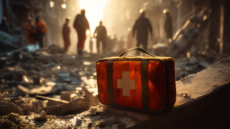 Dust, debris, and orange kit evoke clarity, ritual, and editorial depth in crisis storytelling. Helmets and sunlight highlight urgency, resilience, and humanitarian response.の素材