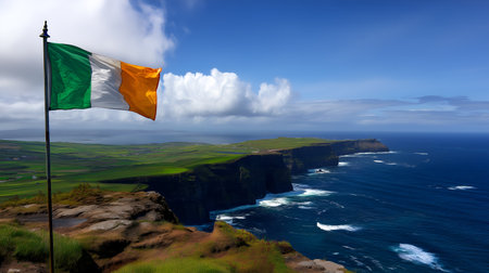 Flag rises over dramatic sea cliffs and green fields. Crashing waves and coastal light evoke clarity, heritage, and editorial depth in natural and cultural storytelling.の素材