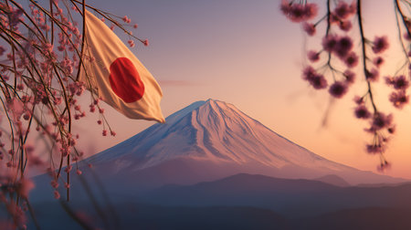 Cherry blossoms and flag frame snow-capped Fuji. Soft light and seasonal beauty evoke clarity, heritage, and editorial depth in cultural and environmental storytelling.の素材