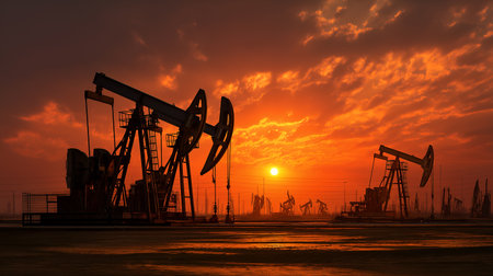 Pumpjacks in golden haze extract beneath blazing sky. Wet ground and long shadows evoke clarity, energy, and editorial depth in industrial and environmental storytelling.の素材