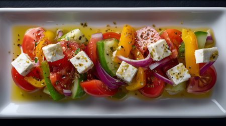 Bright vegetables and feta cubes evoke clarity, ritual, and editorial depth in Mediterranean culinary storytelling. Olive oil and oregano add warmth and visual freshness.の素材