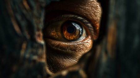 Splintered wood and illuminated gaze evoke clarity, ritual, and editorial depth in conceptual storytelling. Veins and texture highlight secrecy, tension, and visual intimacy.の素材