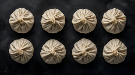Eight steamed dumplings with pleated tops on dark background. Uniform shape and soft texture evoke clarity, craft, and editorial depth in culinary and cultural storytelling.の素材