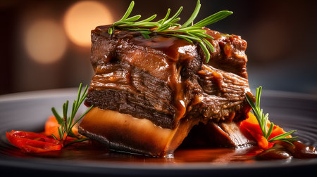 Glazed short rib with rosemary and chili slices. Rich textures and warm tones evoke clarity, indulgence, and editorial depth in gourmet culinary storytelling.の素材