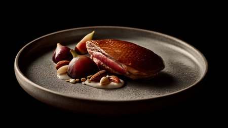 Golden skin and fig halves evoke clarity, ritual, and editorial depth in plated storytelling. Nuts and creamy dollops highlight texture, contrast, and culinary refinement.の素材