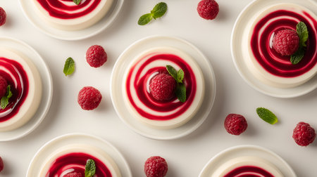 Creamy panna cotta topped with raspberry swirl, mint, and berries. Bright contrast and soft light evoke clarity, freshness, and editorial depth in dessert storytelling.の素材