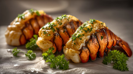 Charred shell and butter glaze evoke clarity, ritual, and editorial depth in culinary storytelling. Parsley scatter and tender texture highlight luxury, contrast, and gourmet rhythm.の素材