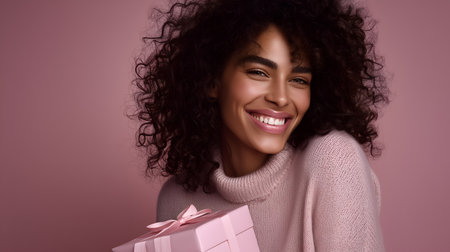 Warm smile and pastel tones evoke clarity, ritual, and editorial depth in celebratory storytelling. Gift box and knit texture highlight joy, softness, and emotional warmth.の素材