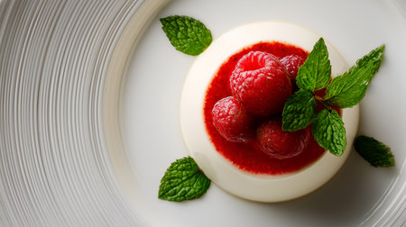 Creamy panna cotta topped with raspberry swirl and mint. Elegant plating and vibrant contrast evoke clarity, freshness, and editorial depth in dessert and lifestyle storytelling.の素材
