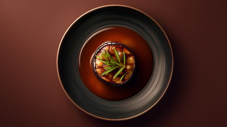 Single eggplant slice in dark broth with green onion garnish. Minimalist plating and rich tones evoke clarity, depth, and editorial elegance in culinary and lifestyle storytelling.の素材