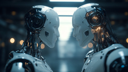 Two sleek robots confront each other in mirrored stance. Exposed mechanics and soft corridor lights evoke editorial clarity in AI, identity, and tech-human storytelling.の素材