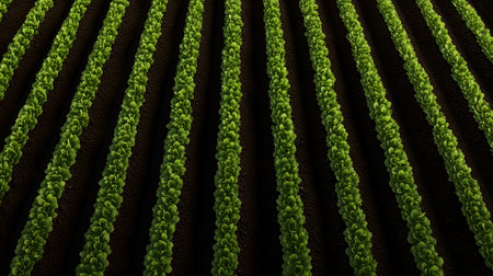 Lush leafy plants in dark soil rows. Aerial symmetry and vibrant contrast evoke clarity, rhythm, and editorial depth in agricultural and environmental storytelling.の素材