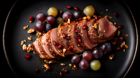 Juicy slices and vibrant garnish evoke clarity, ritual, and editorial depth in culinary storytelling. Dark plate and fanned arrangement highlight contrast, elegance, and flavor rhythm.の素材