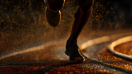 Muscle tension and airborne droplets evoke clarity, ritual, and editorial depth in motion storytelling. Curved track and sunset glow highlight speed, power, and athletic rhythm.の素材