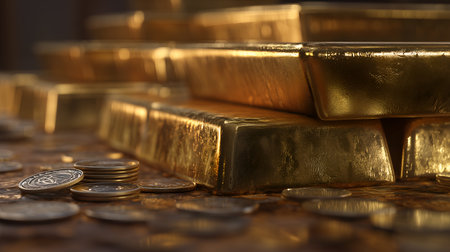 Metallic sheen and layered texture evoke clarity, ritual, and editorial depth in financial storytelling. Uneven stacks and scattered coins highlight value, tension, and visual wealth.の素材