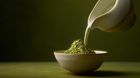 Powder mound and milk stream evoke clarity, ritual, and editorial depth in beverage storytelling. Muted tones and soft lighting highlight texture, contrast, and preparation rhythm.の素材