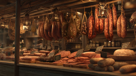 Hanging sausages, sliced salami, and cheese wheels in warm light. Chalkboard labels and wooden textures evoke clarity, tradition, and editorial depth in culinary storytelling.の素材