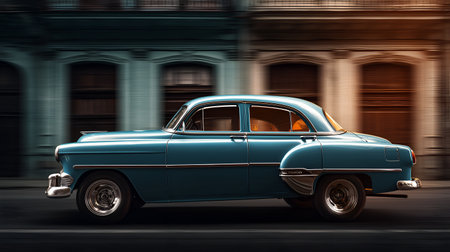 Classic blue sedan with chrome accents in motion. Retro styling and vibrant architecture evoke clarity, nostalgia, and editorial depth in travel and lifestyle storytelling.の素材