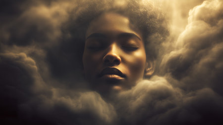 Closed-eyed face in warm cloudscape. Ethereal light and soft shadows evoke clarity, introspection, and editorial depth in dreamlike, emotional, and conceptual storytelling.の素材