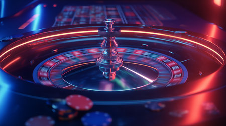 Roulette wheel in motion with vibrant neon glow and scattered chips. Dramatic lighting and dynamic composition evoke clarity, tension, and editorial depth in gaming storytelling.の素材