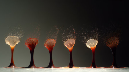 Umbrella arcs and suspended droplets evoke clarity, ritual, and editorial depth in fluid storytelling. Sequential motion and rich tones highlight tension, symmetry, and splash rhythm.の素材