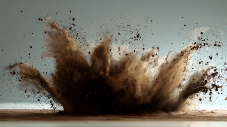Chaotic dispersion and suspended debris evoke clarity, ritual, and editorial depth in conceptual storytelling. Earth tones and gradient contrast highlight motion, texture, and impact rhythm.の素材