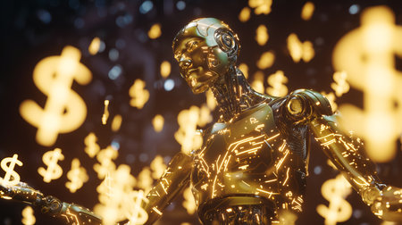 Sleek robot with illuminated circuits stands amid floating dollar signs. Metallic glow and dark backdrop evoke clarity, power, and editorial depth in AI-economy storytelling.の素材