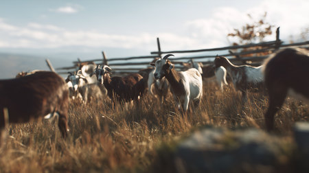 Group of goats graze in golden light near rustic fence. Mountain backdrop and dry grass evoke clarity, calm, and editorial warmth in rural lifestyle storytelling.の素材