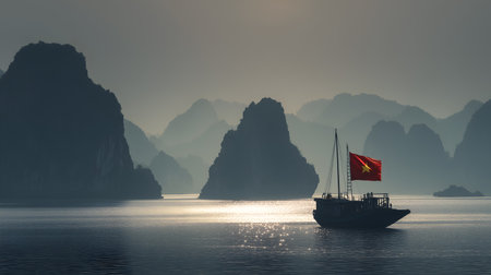 Boat with red flag glides through misty karsts. Serene water and layered silhouettes evoke clarity, culture, and editorial depth in travel, nature, and heritage storytelling.の素材