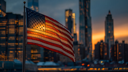 Sunlit flag waves over glowing city skyline. Warm tones and urban contrast evoke clarity, patriotism, and editorial depth in architectural and heritage storytelling.の素材