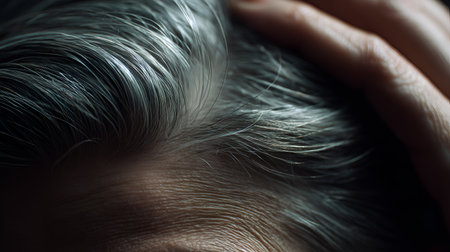 Silver strands and skin texture evoke clarity, ritual, and editorial depth in human storytelling. Gentle touch and natural light highlight aging, intimacy, and emotional rhythm.の素材