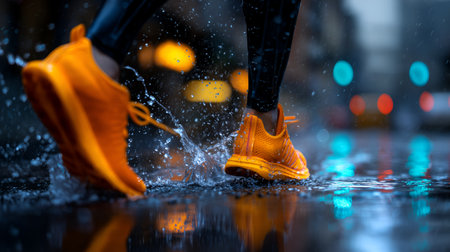 Orange shoes and airborne droplets evoke clarity, ritual, and editorial depth in urban motion storytelling. Blue-orange bokeh and puddles highlight rhythm, contrast, and nocturnal energy.の素材