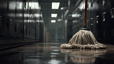 Mop stillness and floor gleam evoke clarity, ritual, and editorial depth in institutional storytelling. Locker symmetry and pipework highlight hygiene, rhythm, and spatial order.の素材