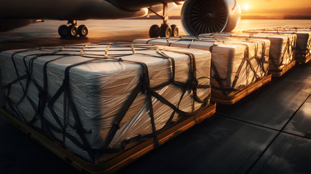 Strap tension and sunset glow evoke clarity, ritual, and editorial depth in logistics storytelling. Pallet symmetry and aircraft presence highlight motion, scale, and global rhythm.の素材